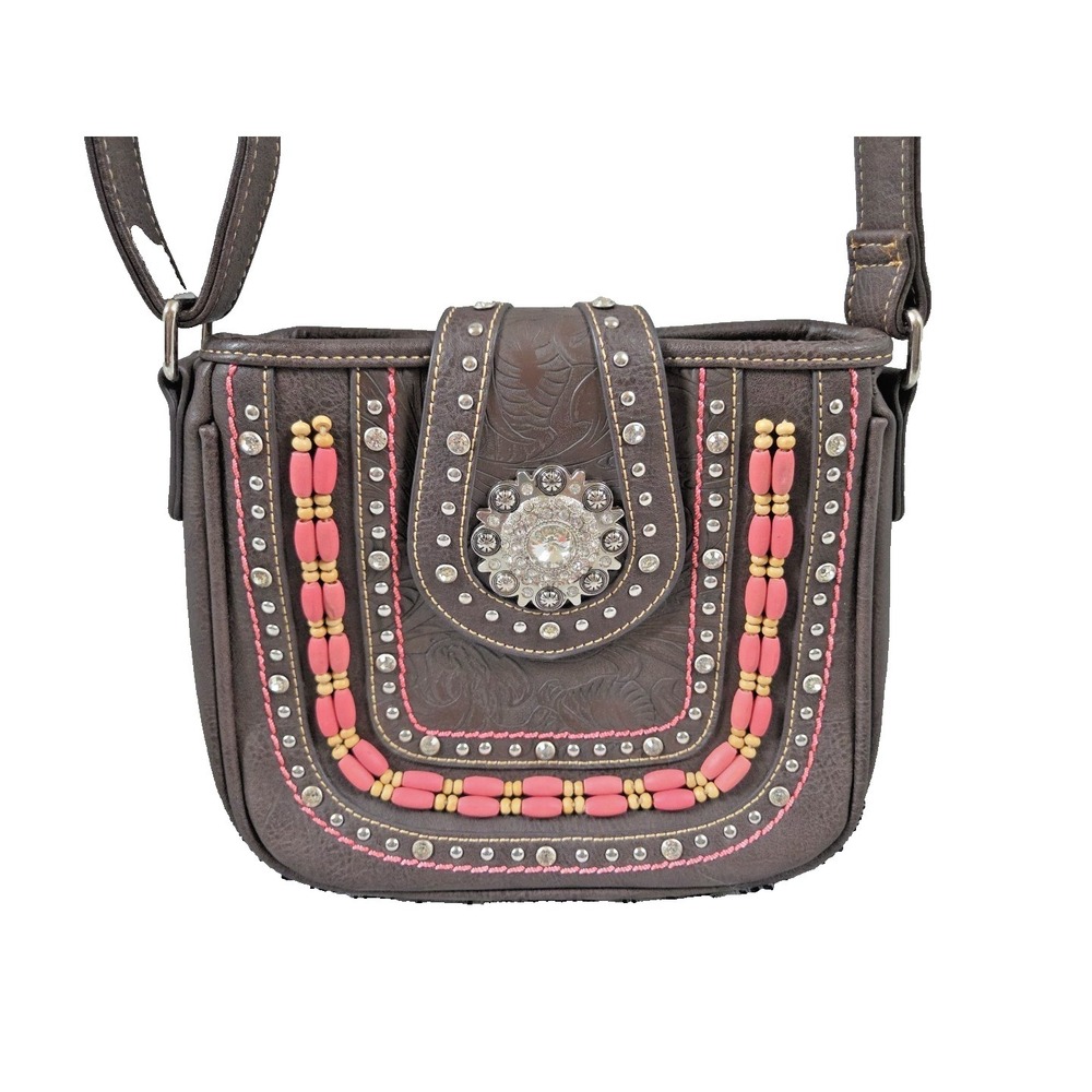 Montana West Purse Brown Leather Pink Tan Beads Rhinestone Concho‎ Clasp Western